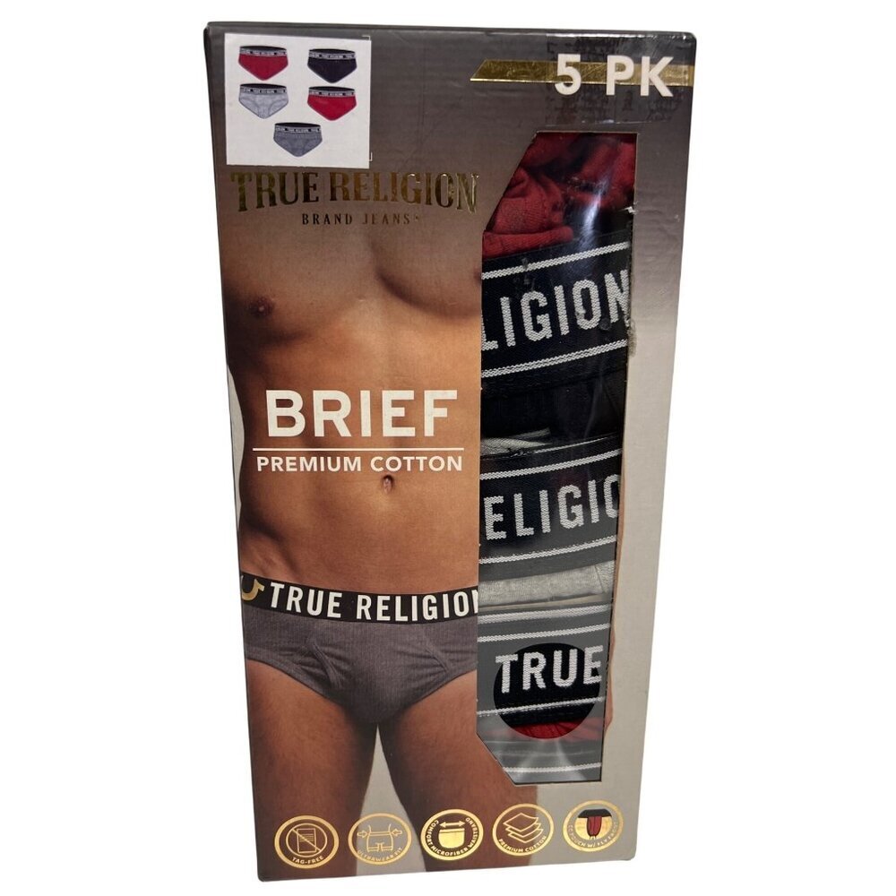 NEW! True Religion Men's Briefs Underwear 5 Pack Size Large Red Black Grey